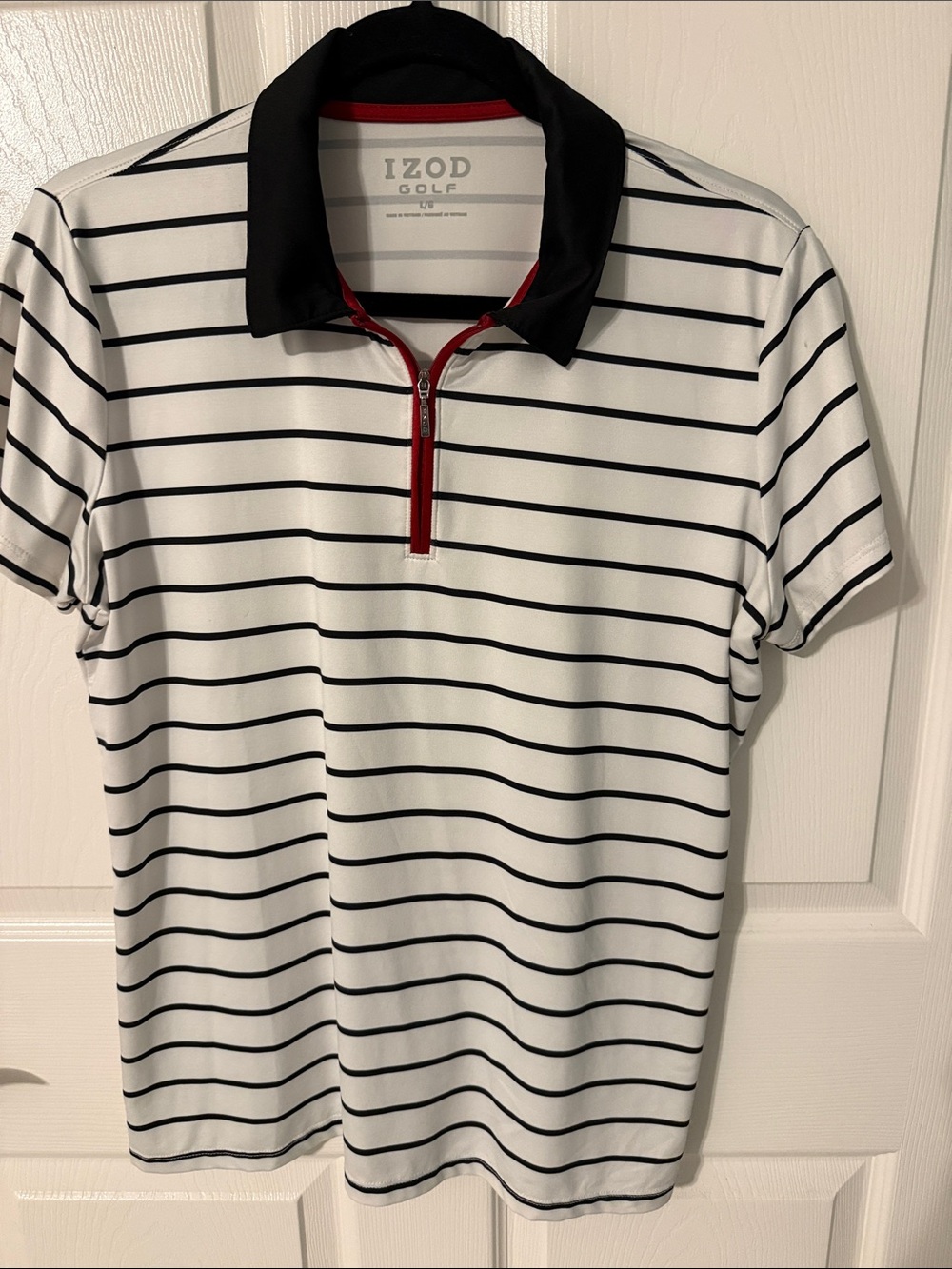 Women’s Izod White Polo with Black Stripes and Red Zip Golf Top